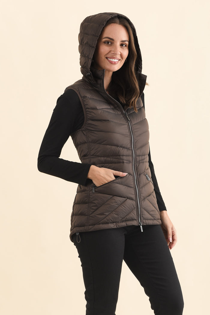 Maryclaire Chocolate Down Puffer Vest,Brunette model,alt text|model:MJ