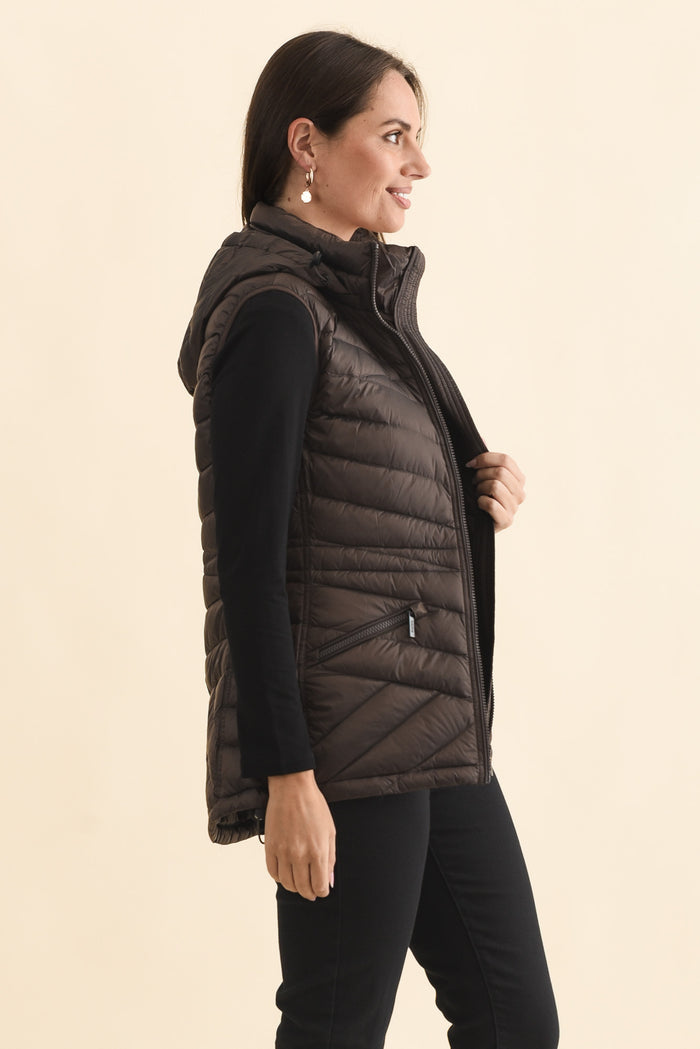 Maryclaire Chocolate Down Puffer Vest,Brunette model,alt text|model:MJ