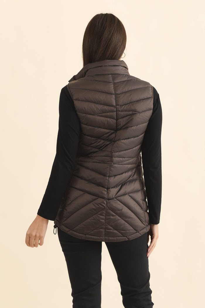 Maryclaire Chocolate Down Puffer Vest,Brunette model,alt text|model:MJ