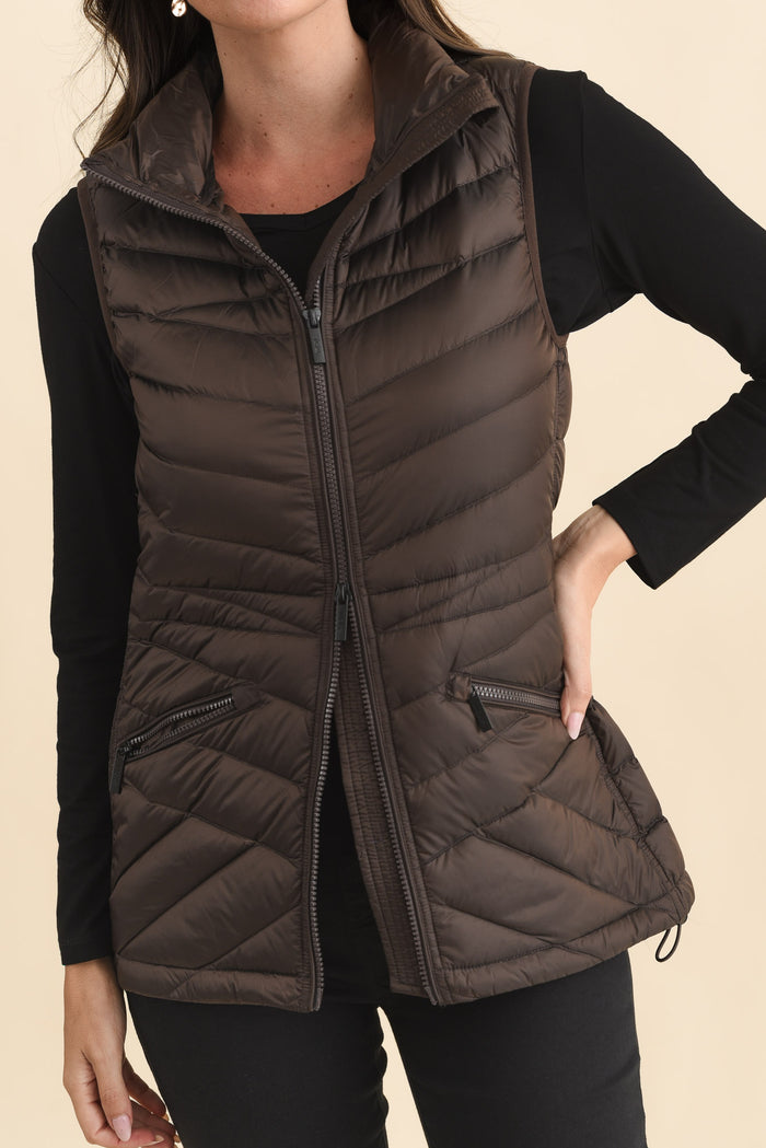 Maryclaire Chocolate Down Puffer Vest,Brunette model,alt text|model:MJ