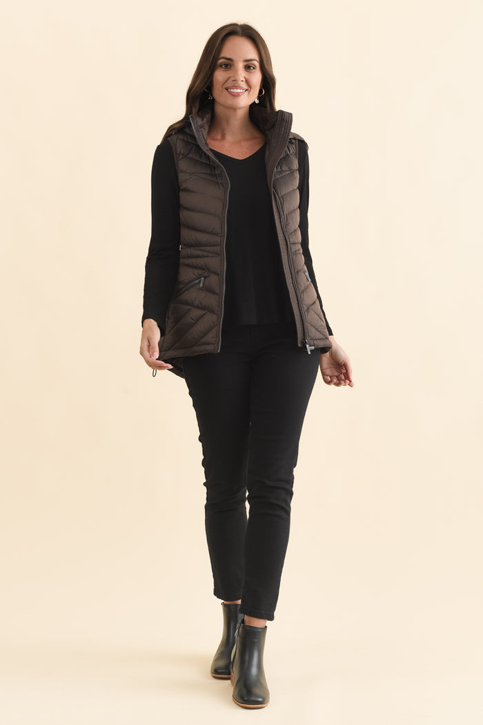 Maryclaire Chocolate Down Puffer Vest,Brunette model,alt text|model:MJ