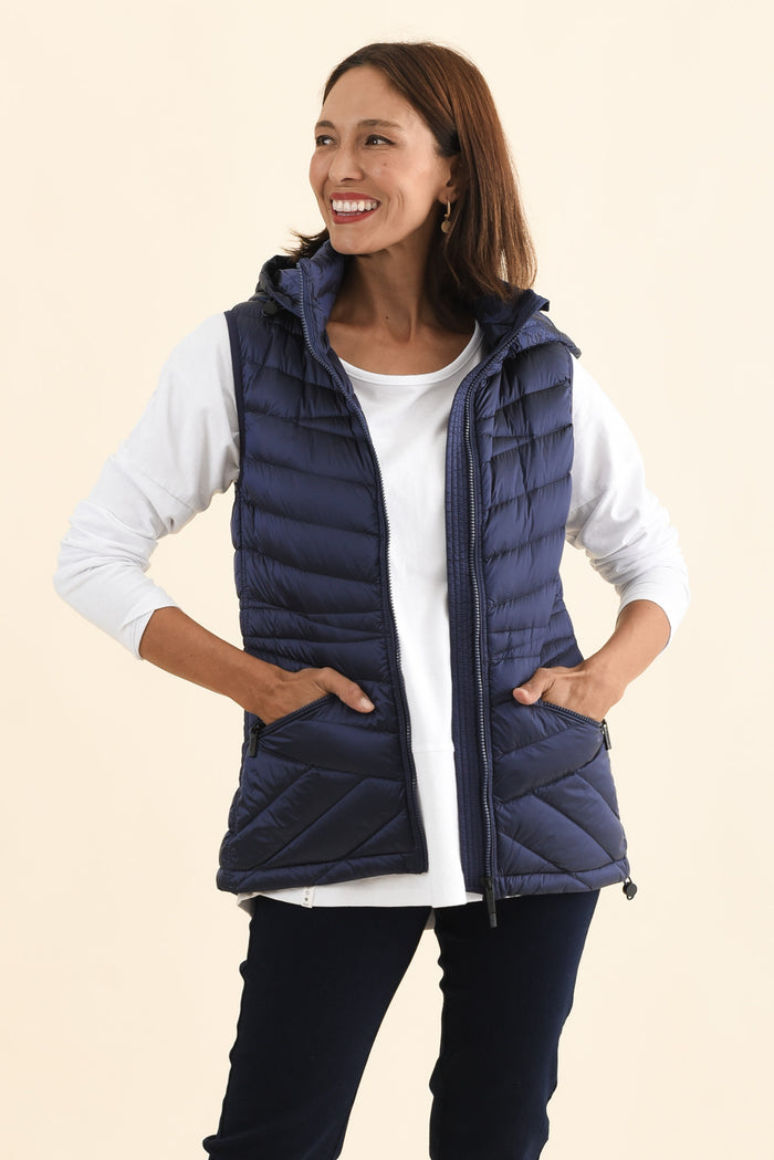 Maryclaire Navy Down Puffer Vest,Brunette model,alt text|model:Cara