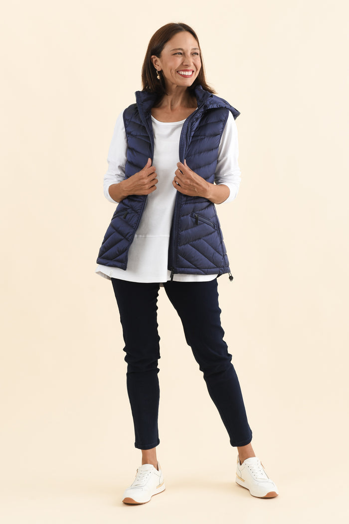Maryclaire Navy Down Puffer Vest,Brunette model,alt text|model:Cara