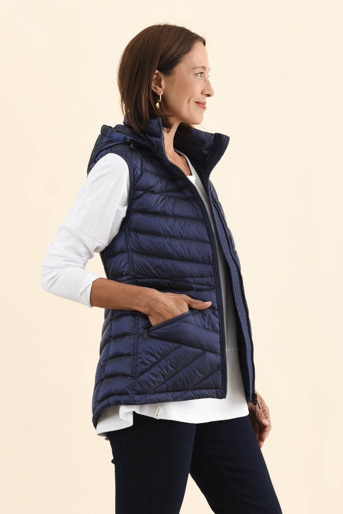 Maryclaire Navy Down Puffer Vest,Brunette model,alt text|model:Cara