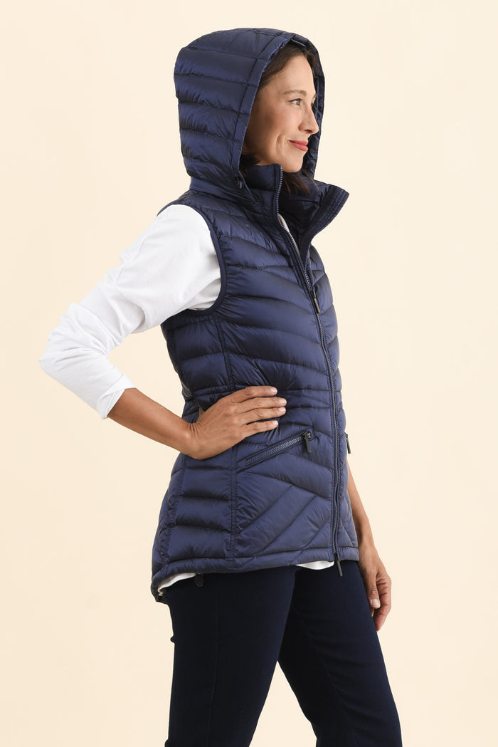 Maryclaire Navy Down Puffer Vest,Brunette model,alt text|model:Cara