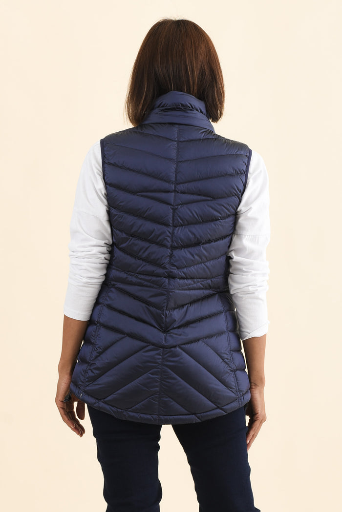 Maryclaire Navy Down Puffer Vest,Brunette model,alt text|model:Cara