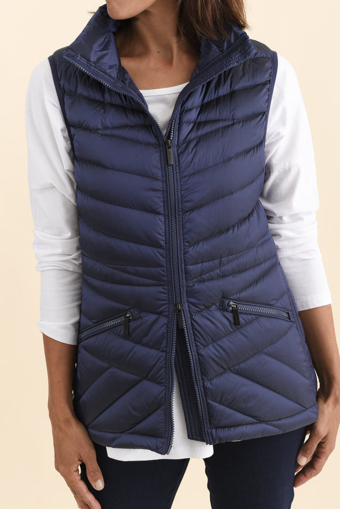 Maryclaire Navy Down Puffer Vest,Brunette model,alt text|model:Cara