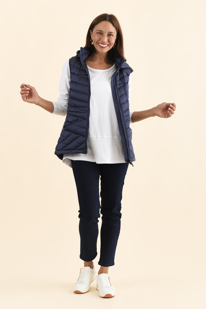 Maryclaire Navy Down Puffer Vest,Brunette model,alt text|model:Cara