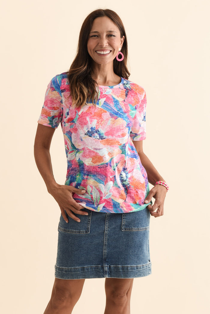 Masie Pink Floral Top,Brunette model,alt text|model:Cara