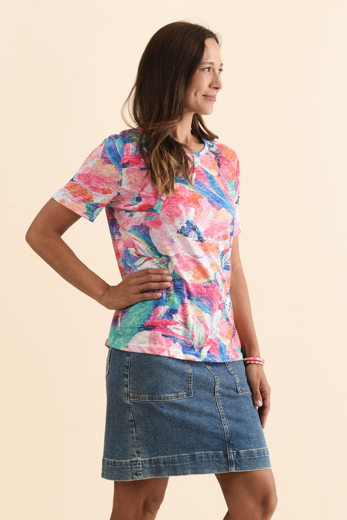 Masie Pink Floral Top,Brunette model,alt text|model:Cara
