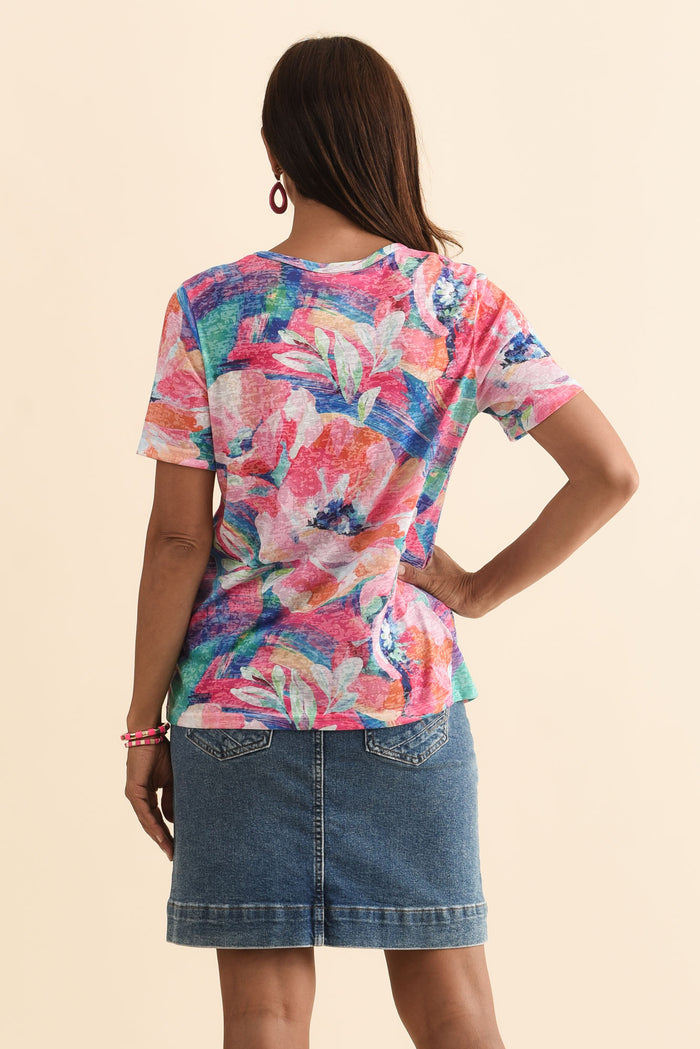 Masie Pink Floral Top,Brunette model,alt text|model:Cara