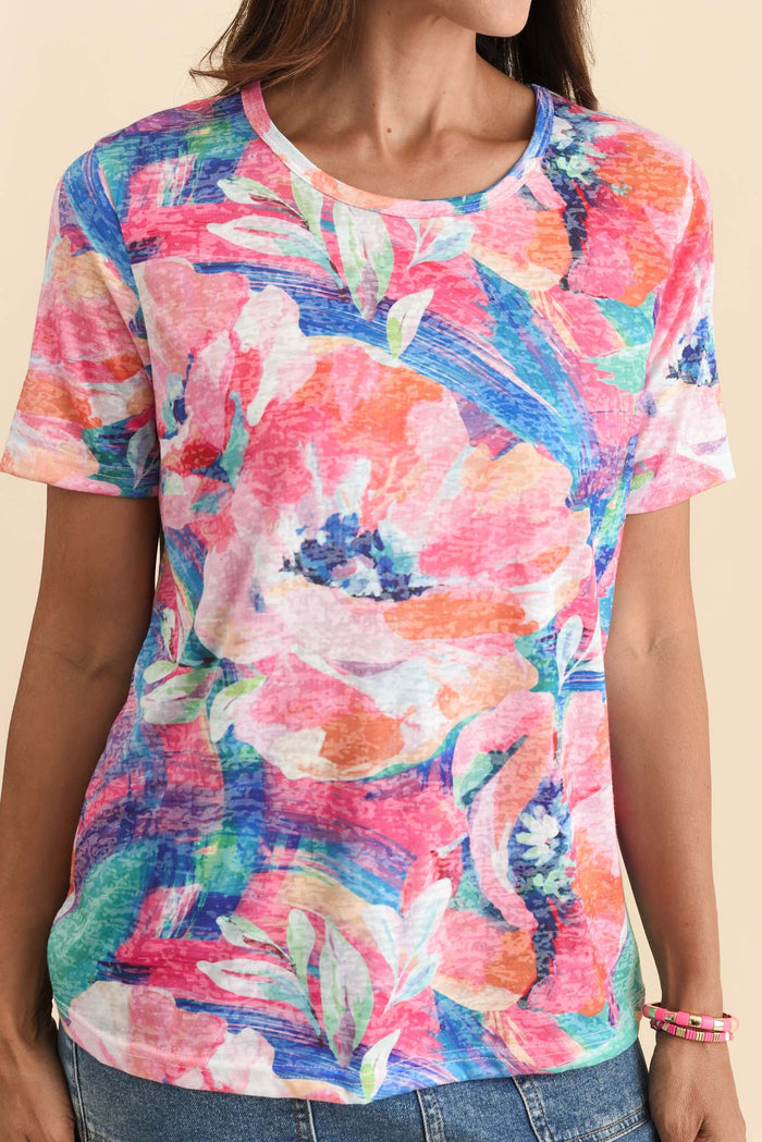 Masie Pink Floral Top,Brunette model,alt text|model:Cara