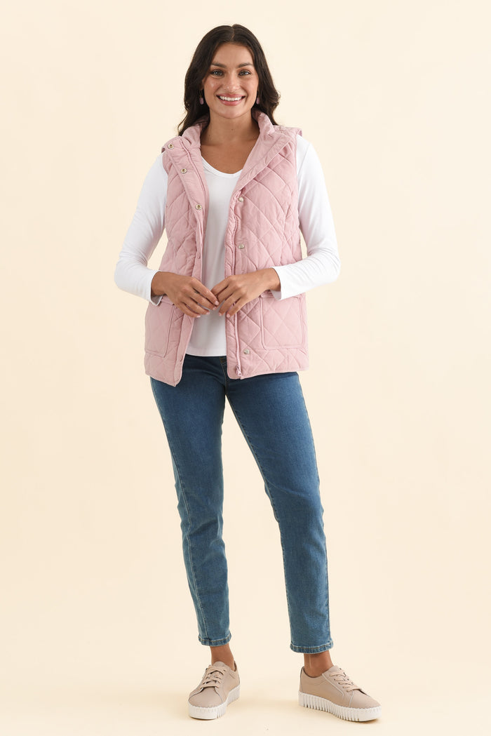 Max Pink Quilted Pocket Vest,Brunette model,alt text|model:Brontie