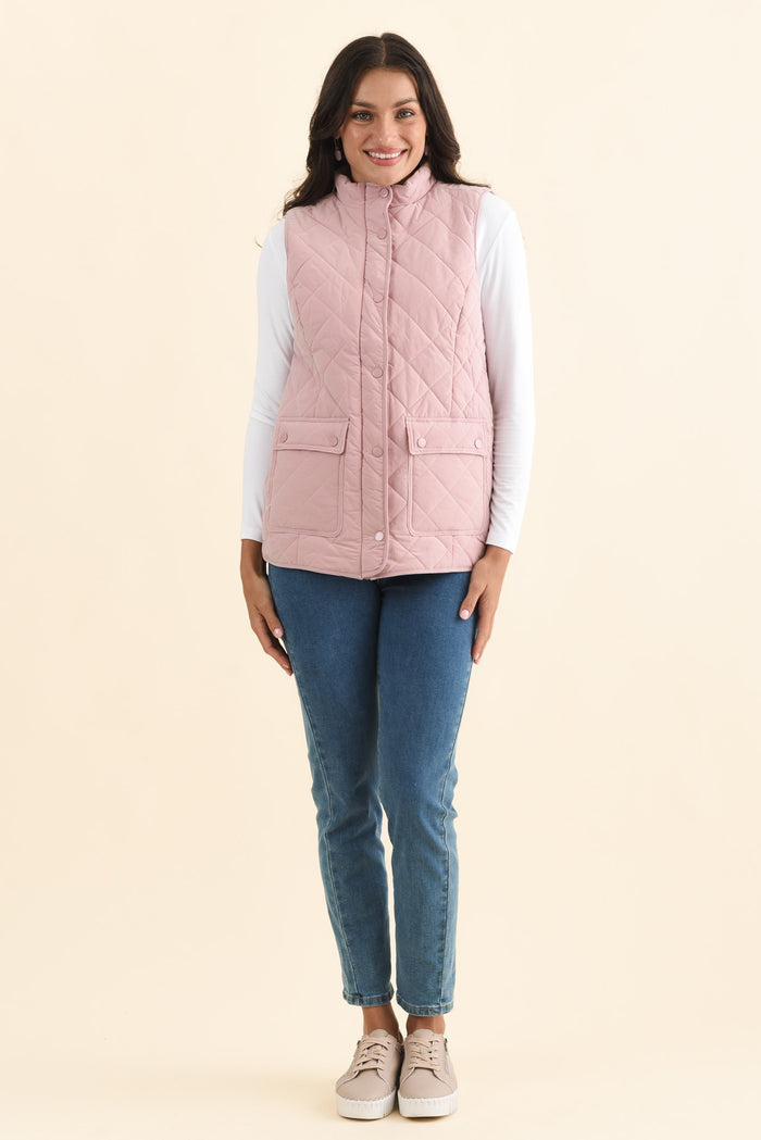 Max Pink Quilted Pocket Vest,Brunette model,alt text|model:Brontie