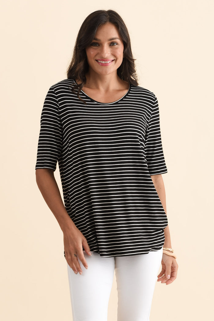Maya Black Stripe Half Sleeve Tee,Brunette model,alt text|model:Brontie