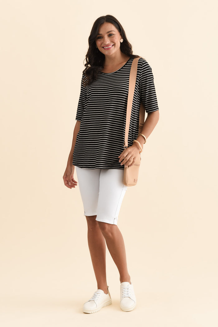 Maya Black Stripe Half Sleeve Tee,Brunette model,alt text|model:Brontie