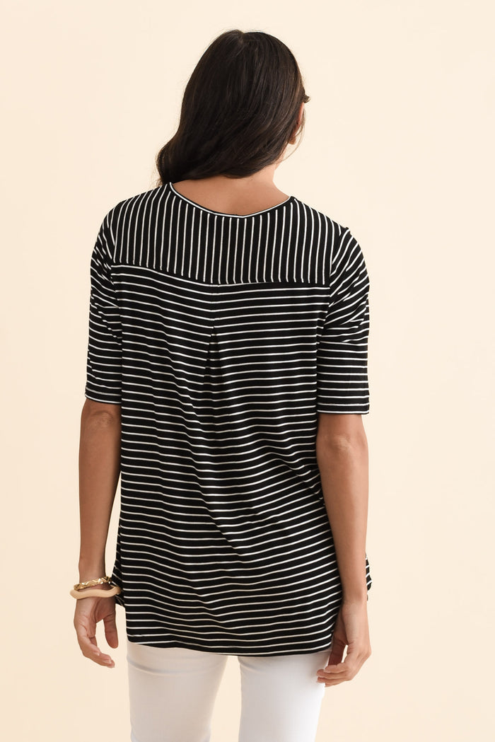 Maya Black Stripe Half Sleeve Tee,Brunette model,alt text|model:Brontie