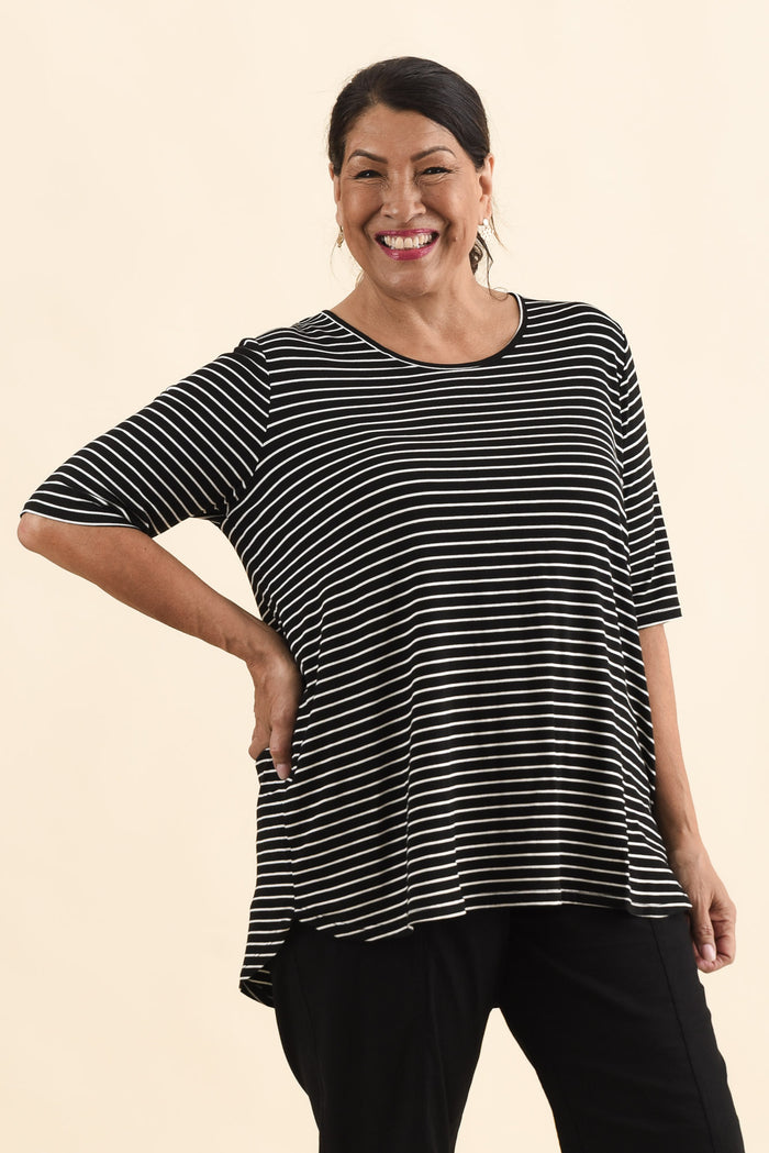 Maya Black Stripe Half Sleeve Tee,Brunette model,alt text|model:Pilita