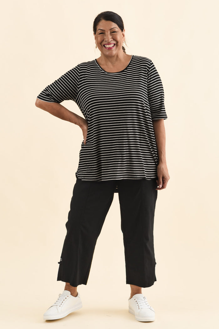 Maya Black Stripe Half Sleeve Tee,Brunette model,alt text|model:Pilita