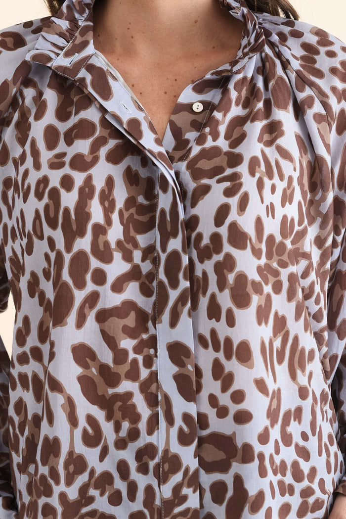Maze Blue Leopard Ruffle Blouse,Detail,Brunette model,alt text|model:MJ