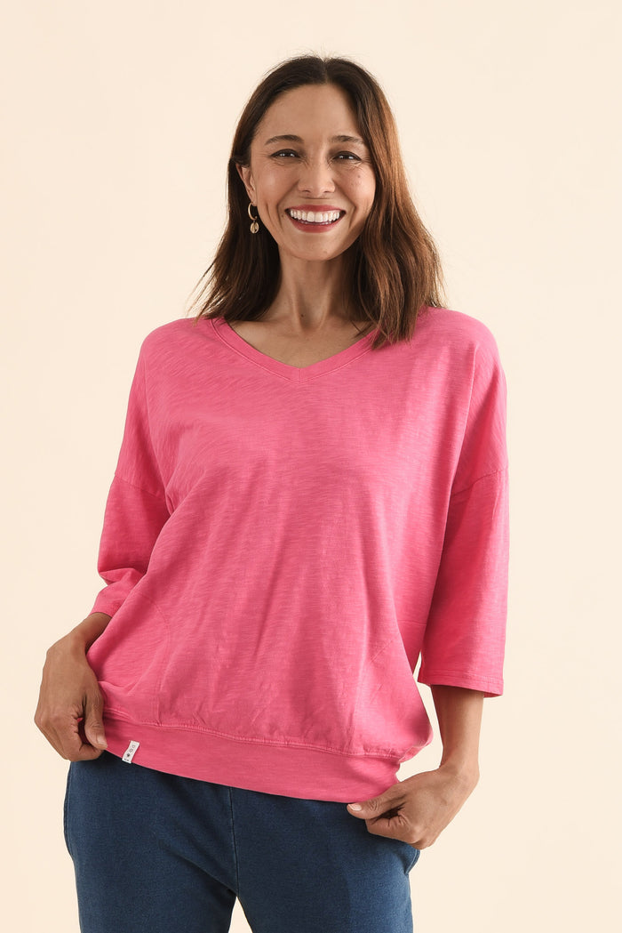 Mazie Melon Cotton V Neck Sweat,Front,Brunette model,alt text|model:Cara