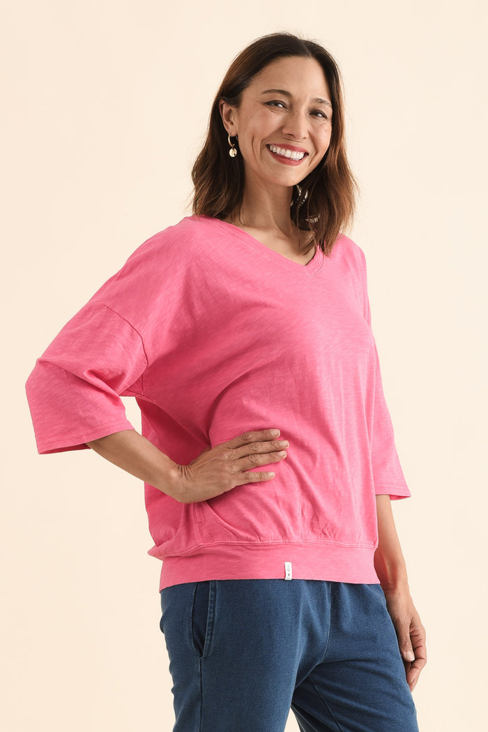 Mazie Melon Cotton V Neck Sweat,Side,Brunette model,alt text|model:Cara
