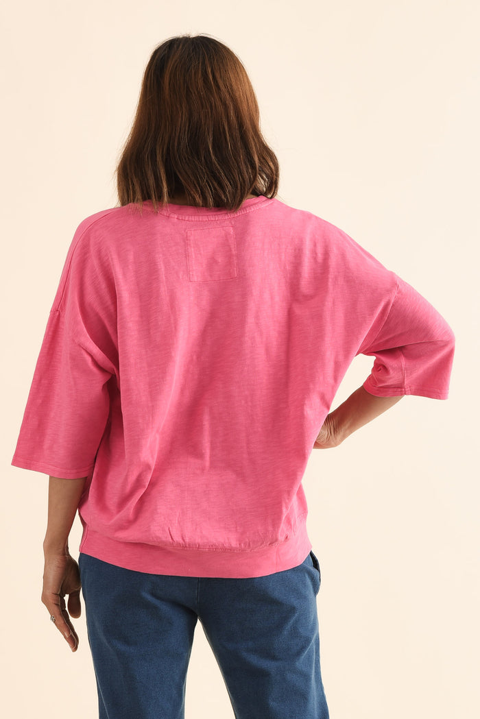 Mazie Melon Cotton V Neck Sweat,Back,Brunette model,alt text|model:Cara
