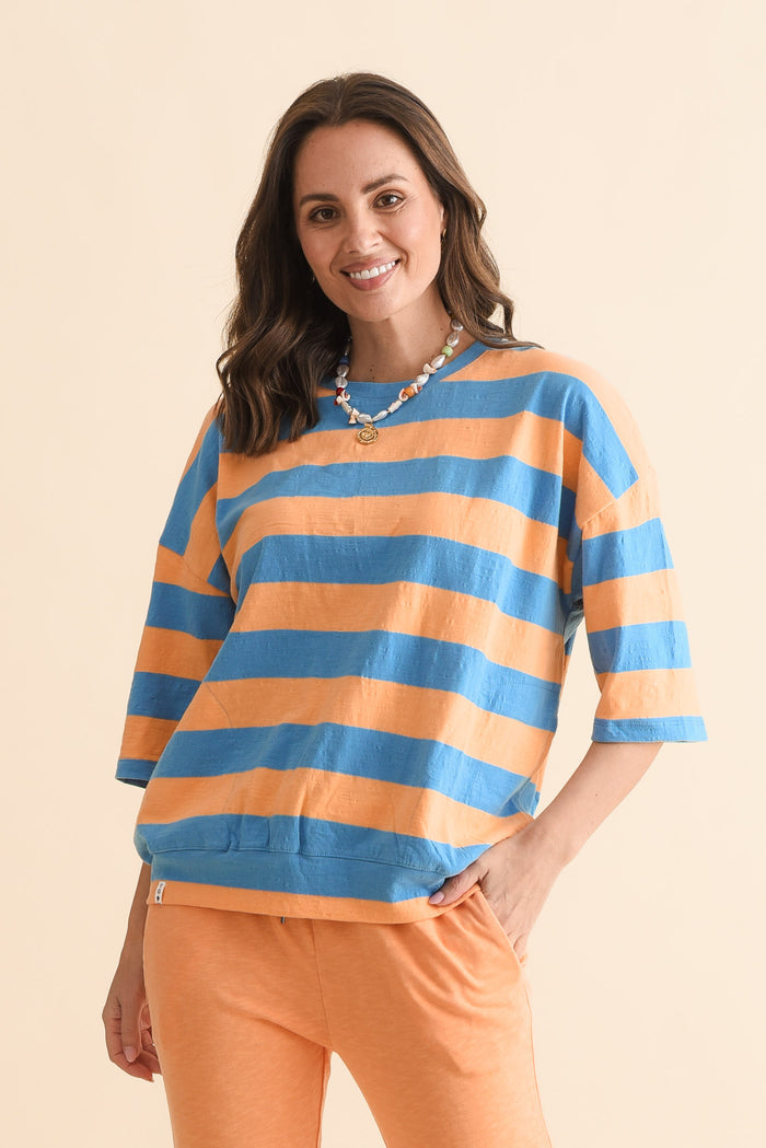 Mazie Peach Stripe Cotton Sweat,Front,Brunette model,alt text|model:MJ