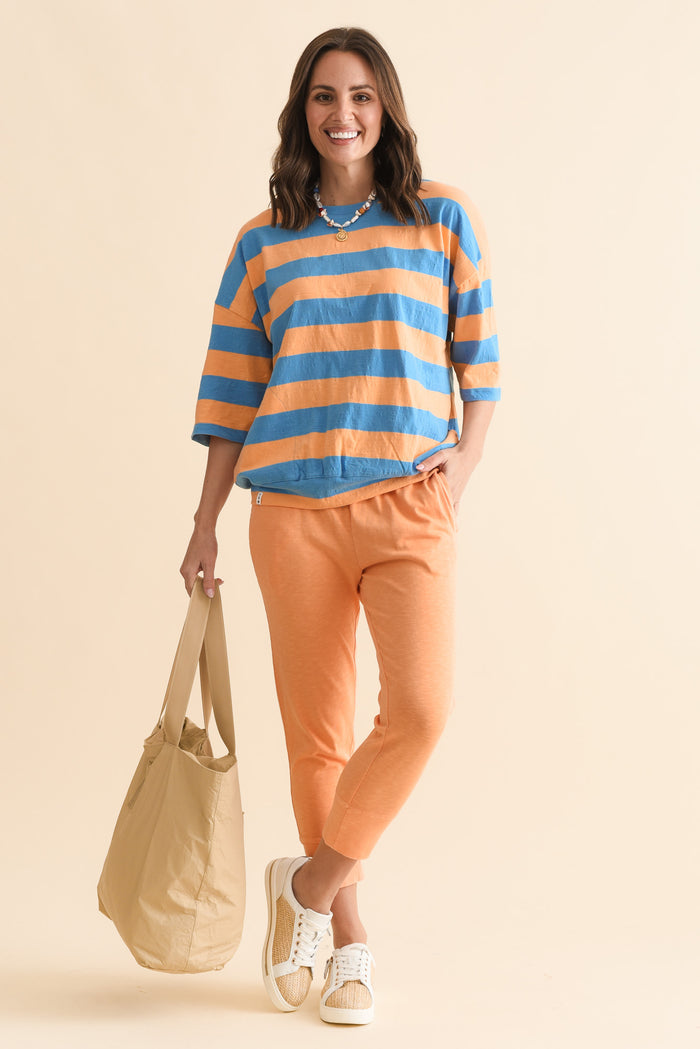 Mazie Peach Stripe Cotton Sweat,Full Body,Brunette model,alt text|model:MJ