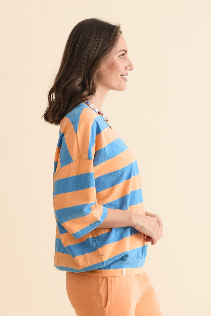 Mazie Peach Stripe Cotton Sweat,Side,Brunette model,alt text|model:MJ