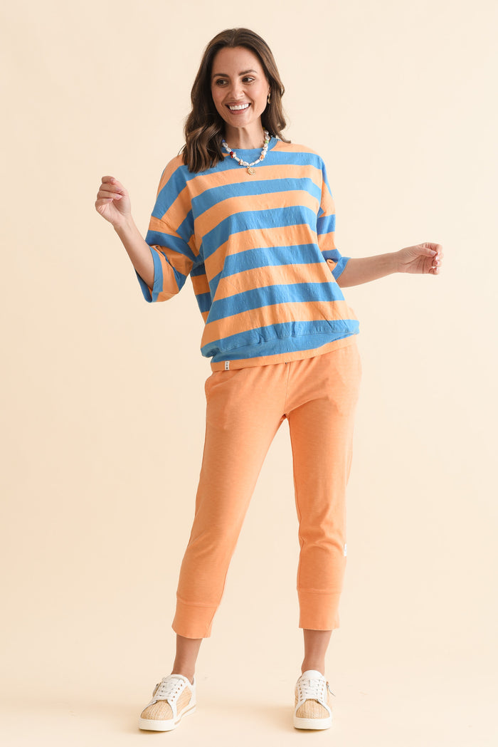 Mazie Peach Stripe Cotton Sweat,Full Body,Brunette model,alt text|model:MJ