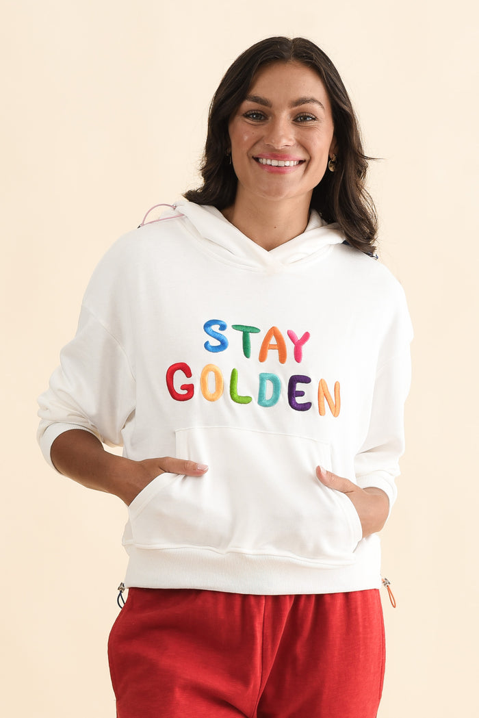 Meeko White Cotton Hooded Jumper,Brunette model,alt text|model:Brontie