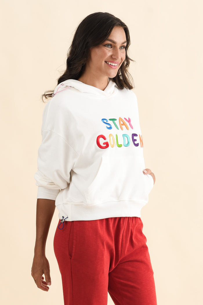 Meeko White Cotton Hooded Jumper,Brunette model,alt text|model:Brontie