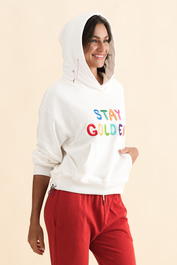 Meeko White Cotton Hooded Jumper,Brunette model,alt text|model:Brontie