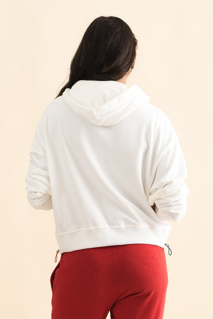 Meeko White Cotton Hooded Jumper,Brunette model,alt text|model:Brontie