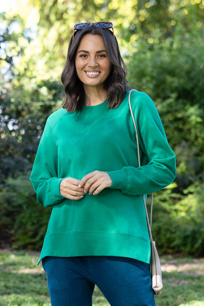 Melbourne Green Cotton Crewneck Sweatshirt,brunette model,Front of Outfit,Lifestyle