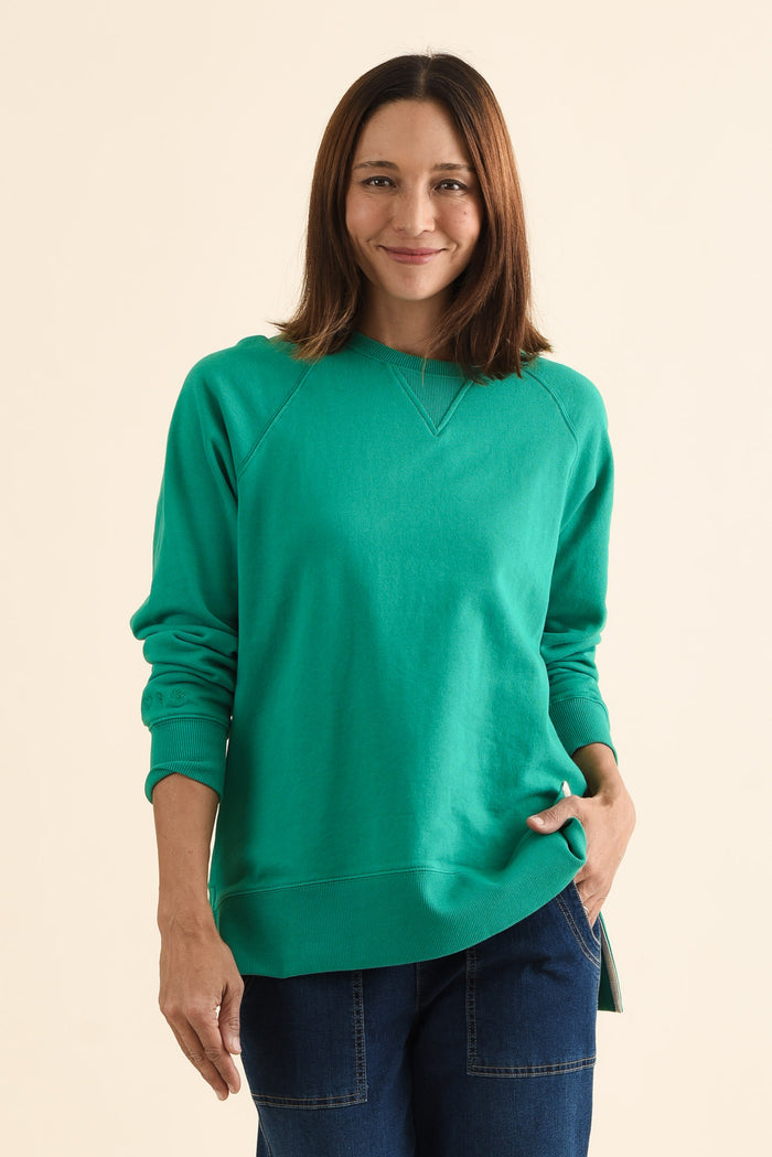 Melbourne Green Cotton Crewneck Sweatshirt,brunette model,Front of Outfit,alt text|model:Cara