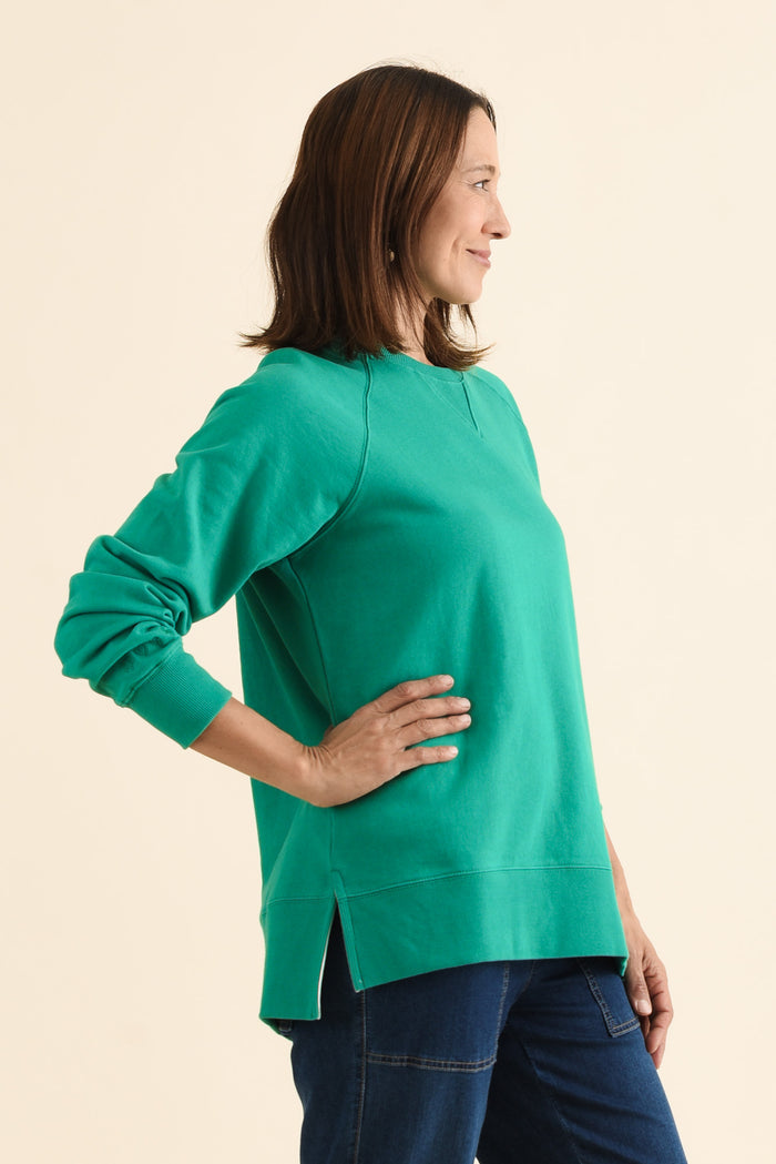 Melbourne Green Cotton Crewneck Sweatshirt,brunette model,Side of Outfit,alt text|model:Cara