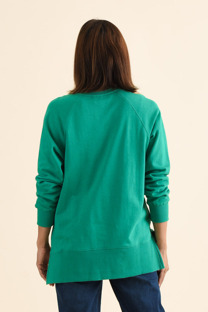 Melbourne Green Cotton Crewneck Sweatshirt,brunette model,Back of Outfit,alt text|model:Cara