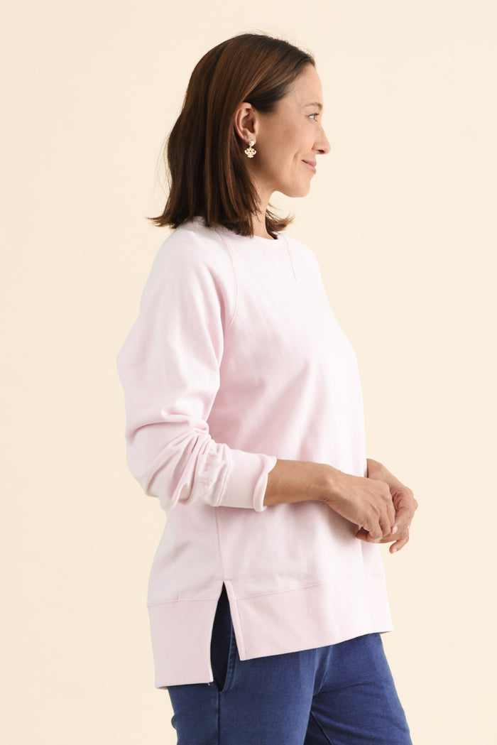 Melbourne Pink Cotton Crewneck Sweatshirt,brunette model,Side of Outfit,alt text|model:Cara