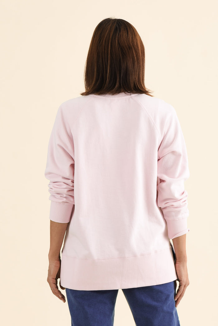 Melbourne Pink Cotton Crewneck Sweatshirt,brunette model,Back of Outfit,alt text|model:Cara