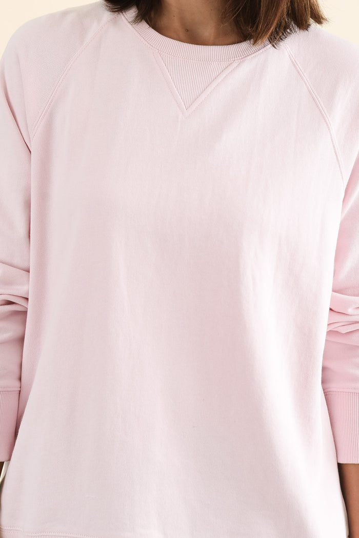 Melbourne Pink Cotton Crewneck Sweatshirt,brunette model,Close up of outfit,alt text|model:Cara