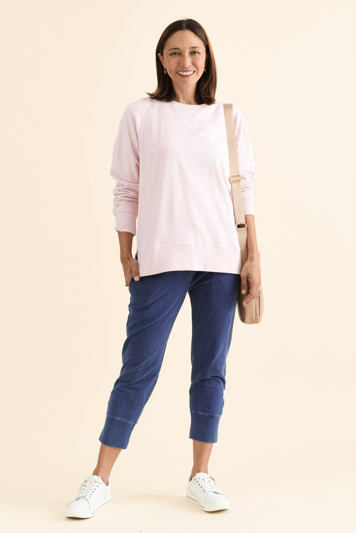 Melbourne Pink Cotton Crewneck Sweatshirt,brunette model,Full Outfit,alt text|model:Cara