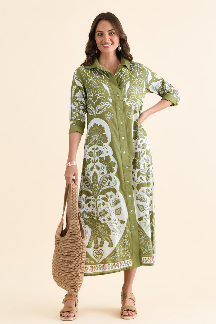 Melita Green Motif Cotton Shirt Dress,brunette model,Front of Outfit,alt text|model:MJ