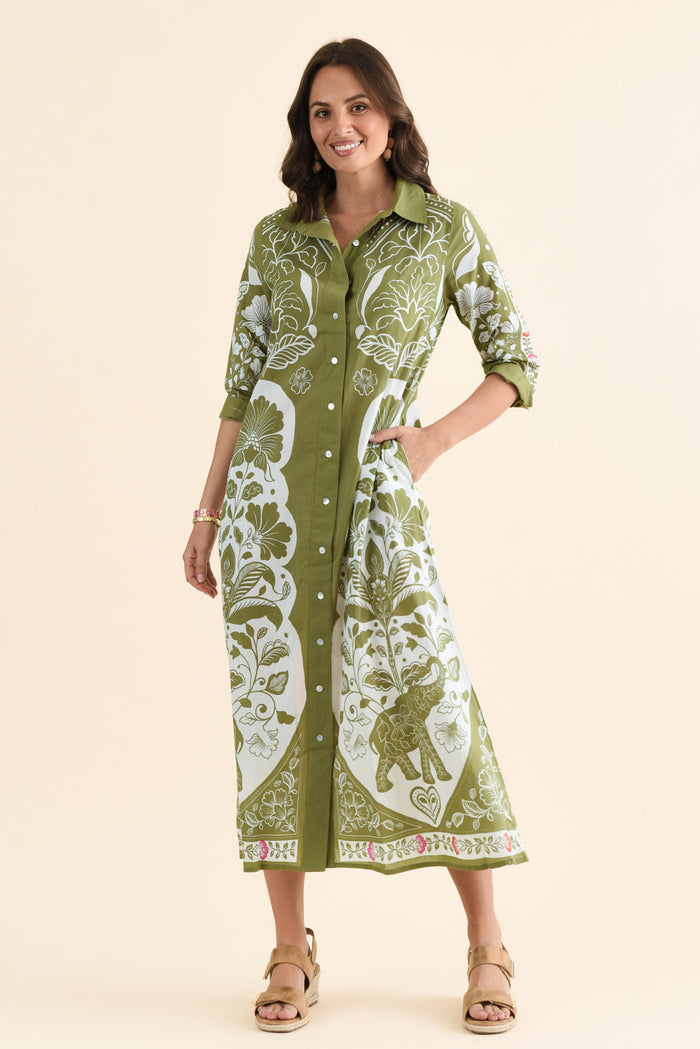 Melita Green Motif Cotton Shirt Dress,brunette model,Full Outfit,alt text|model:MJ
