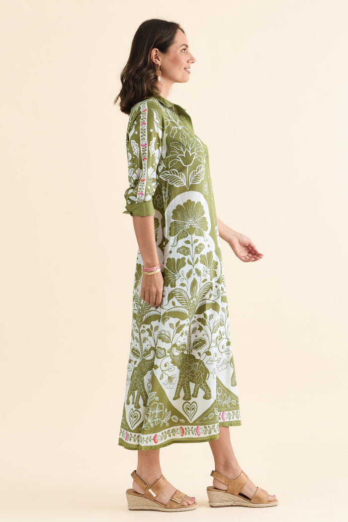 Melita Green Motif Cotton Shirt Dress,brunette model,Side of Outfit,alt text|model:MJ