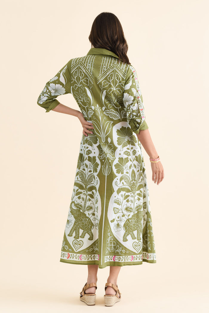 Melita Green Motif Cotton Shirt Dress,brunette model,Back of Outfit,alt text|model:MJ