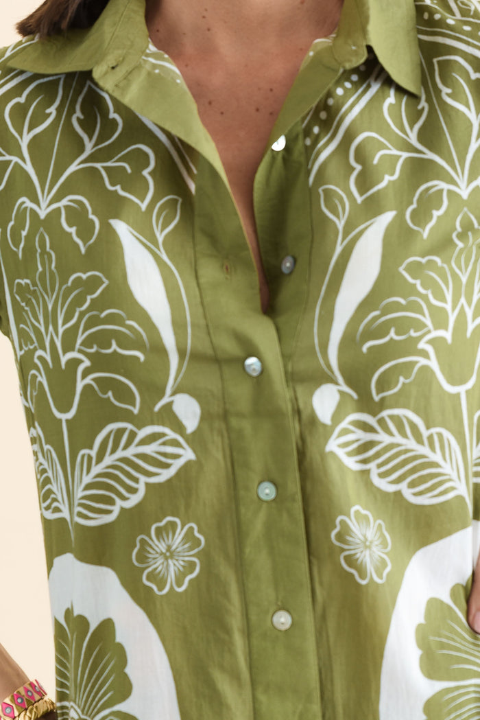 Melita Green Motif Cotton Shirt Dress,brunette model,Close up of outfit,alt text|model:MJ