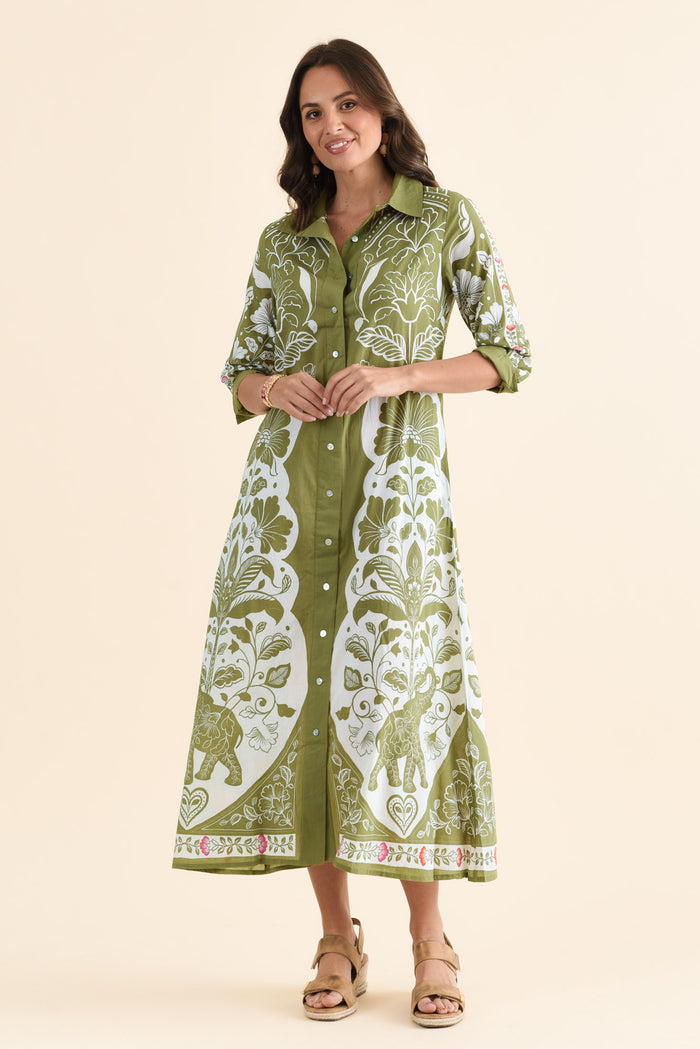 Melita Green Motif Cotton Shirt Dress,brunette model,Full Outfit,alt text|model:MJ