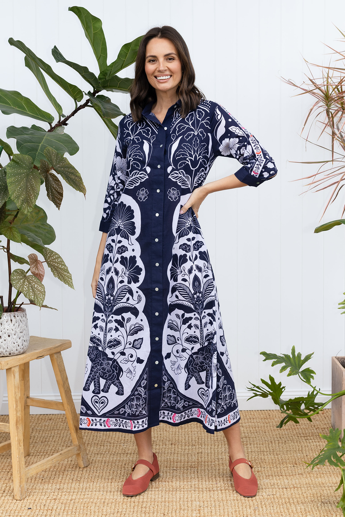 Melita Navy Motif Cotton Shirt Dress,brunette model,Lifestyle